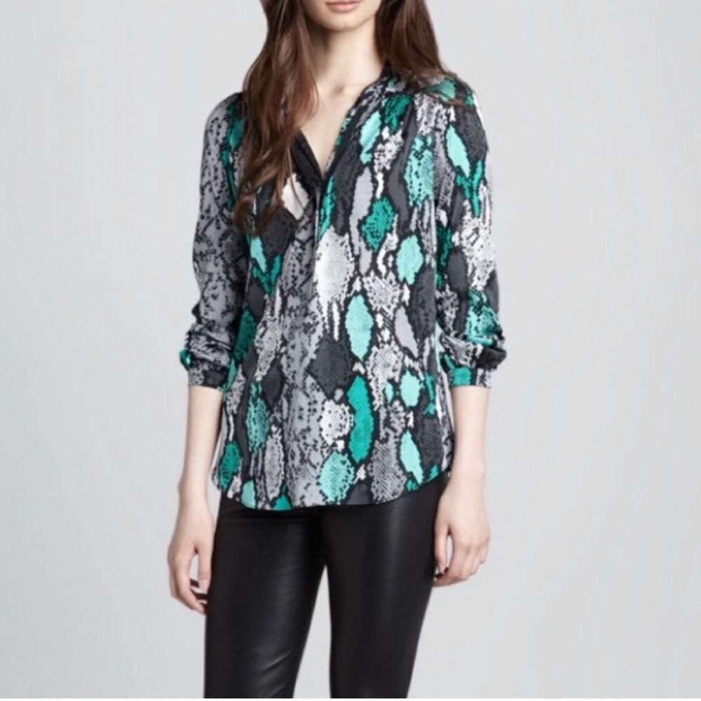 MILLY | Katalina Silk Snake Print Blouse Teal Gray Black Top Women’s Size 4
